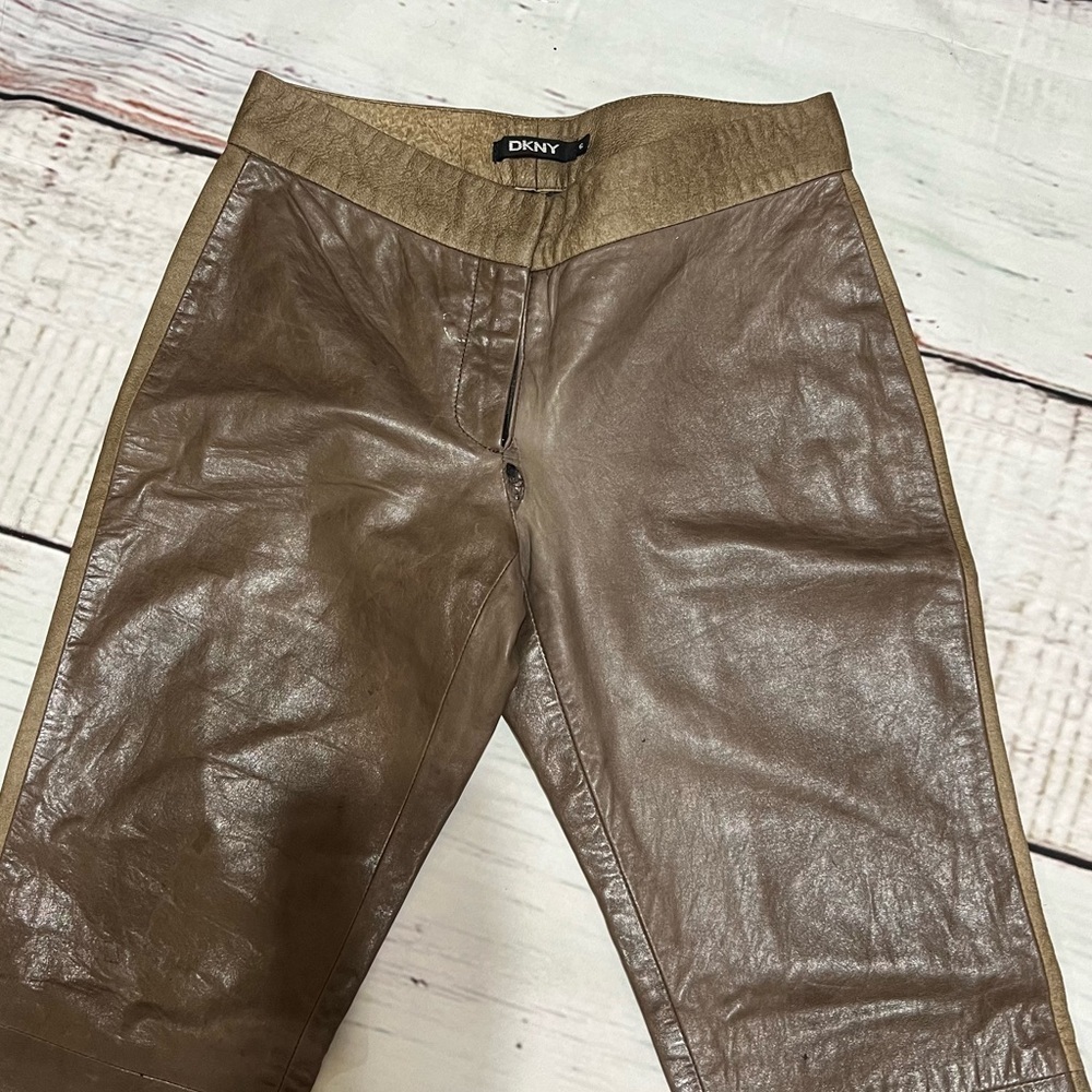 DKNY women’s 100% leather boot cut tuxedo trim pants size 6 Brown Vintage Y2K - Picture 4 of 16